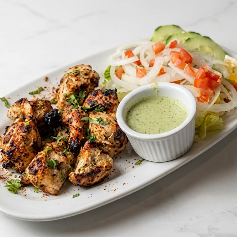 Grilled spiced chicken pieces with cilantro, green dipping sauce, salad, avocado, and lime on a white platter.
