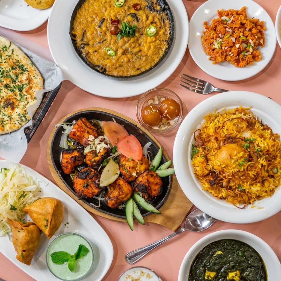 Overhead spread of Indian cuisine featuring naan, biryani, curries, kebabs, tandoori dishes, samosas, and rice on a pink table.