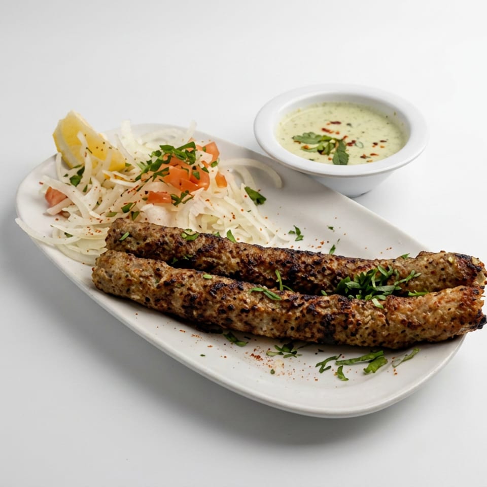 Two grilled kebabs served with basmati rice, salad, lemon, and creamy herb dipping sauce on a white plate.