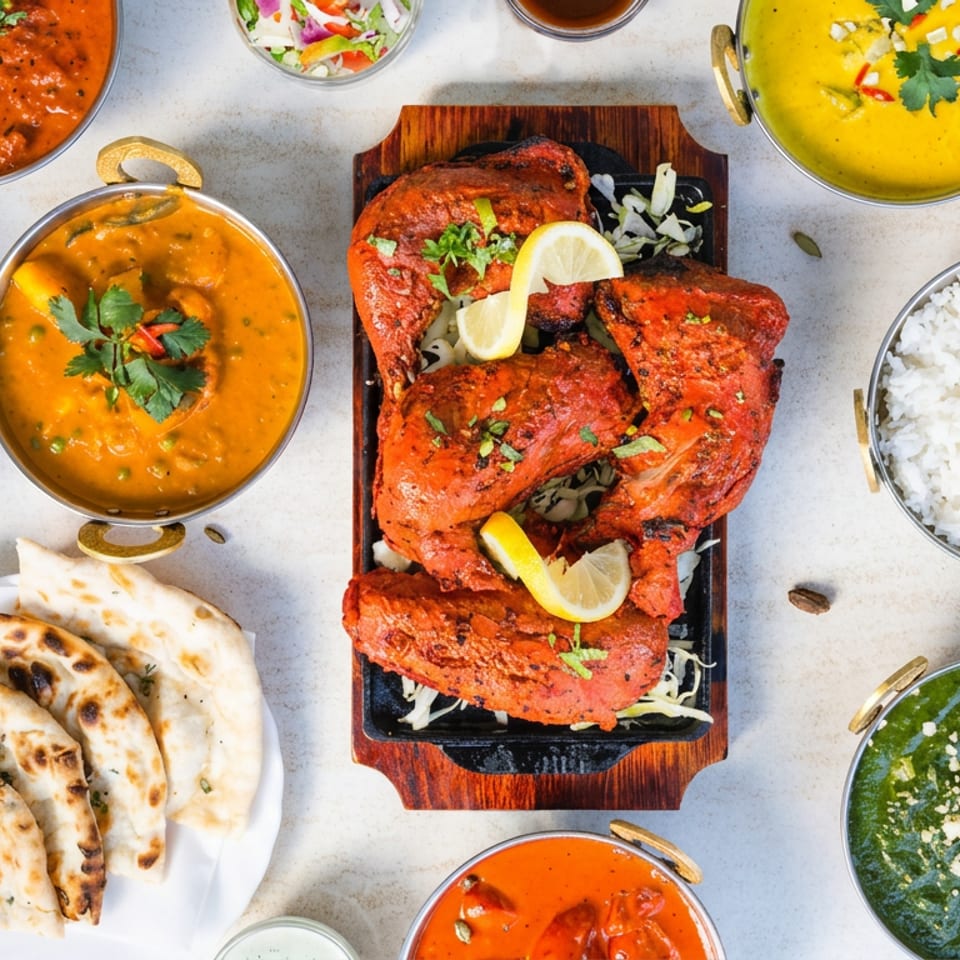 Overhead spread of Indian cuisine featuring tandoori chicken, naan, rice, colorful curries, chutney, and grilled vegetables.