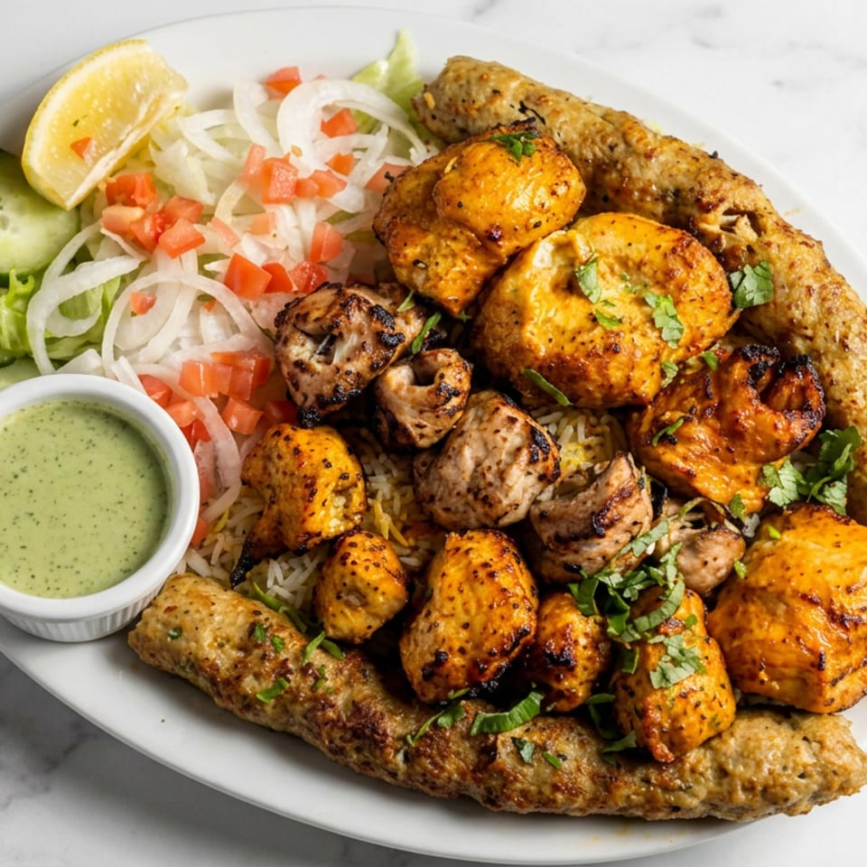 Indian mixed grill platter with tandoori chicken, kebabs, rice, salad, cucumber, lemon, and green chutney.