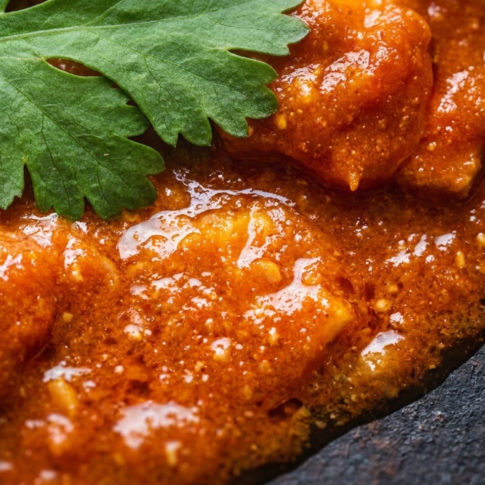 Close-up of paneer cubes in rich orange curry, garnished with fresh cilantro on a dark plate.