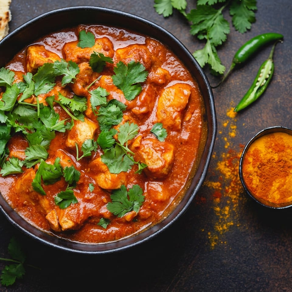 Overhead view of creamy tomato chicken curry garnished with cilantro, served with naan, sliced green chilies, and spices.